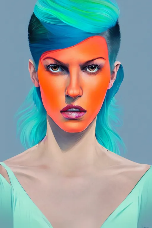 Image similar to a award winning half body portrait of a beautiful caucasian woman in a croptop and cargo pants with ombre orange blue teal hairstyle with head in motion and hair flying by martine johanna and will eisner, outrun, vaporware, digital art, trending on artstation, highly detailed, fine detail, intricate