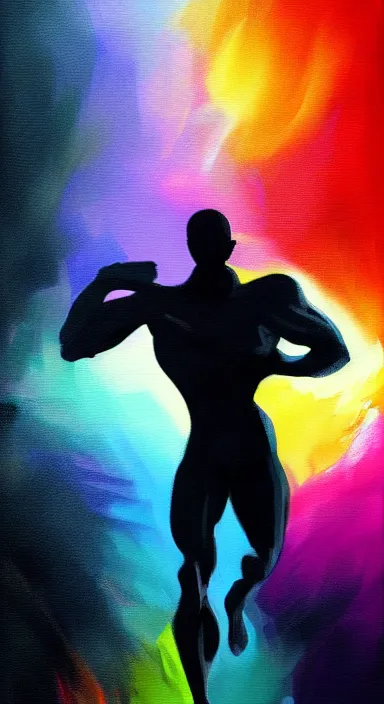 Prompt: very dark background, a thin, athletic physique man's body made of bright colored thick flowing dramatic brush strokes, no face, strong wind, matte colors, impressionist, extreme motion, trending on artstation