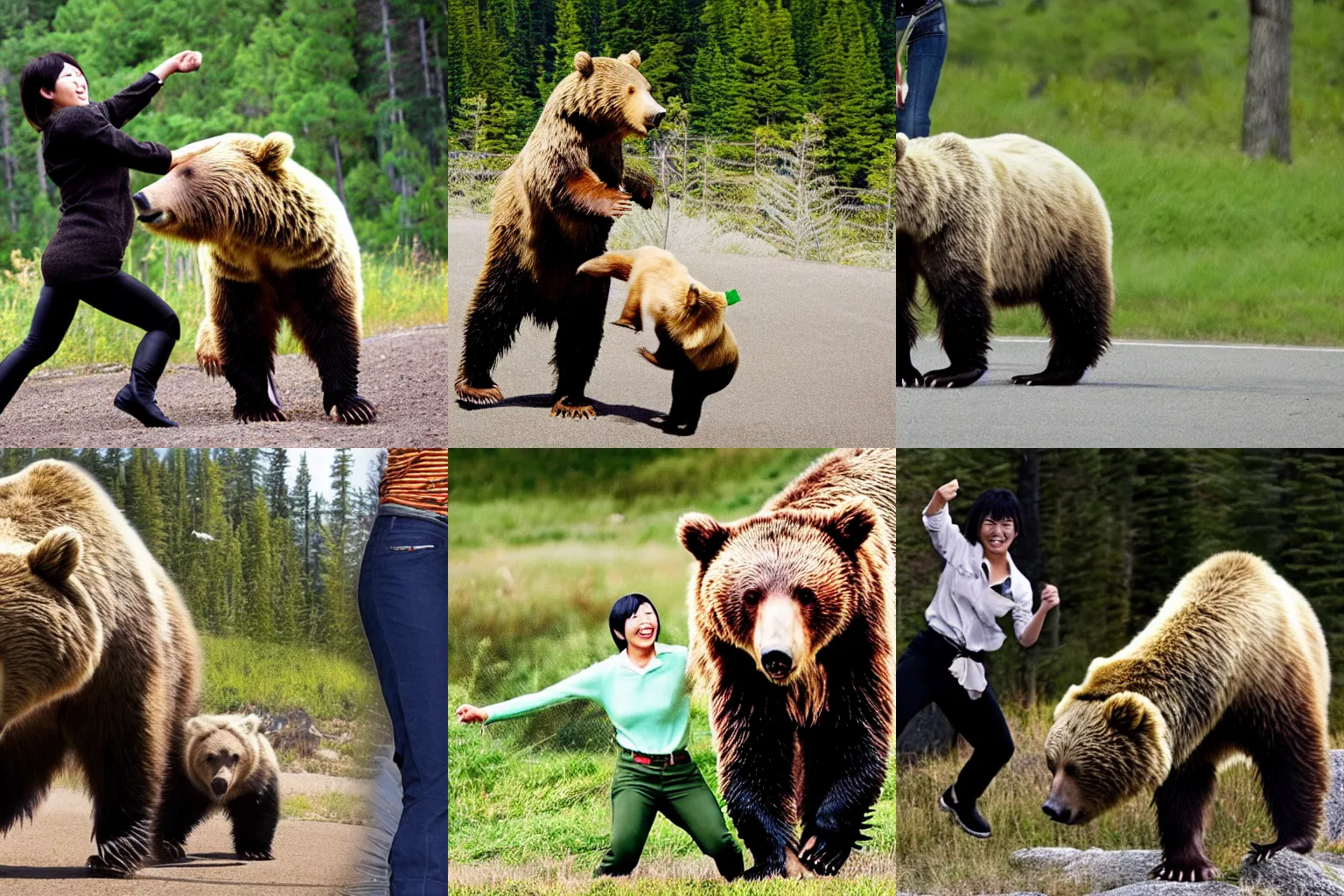 Prompt: photo of Chie Satonaka kicking a grizzly bear