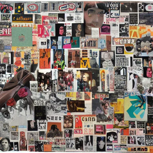 Prompt: collage made of magazine cutouts, one large central picture, dramatic typography, museum of modern art, museum of contemporary art, auction, record - setting, detailed, photorealistic