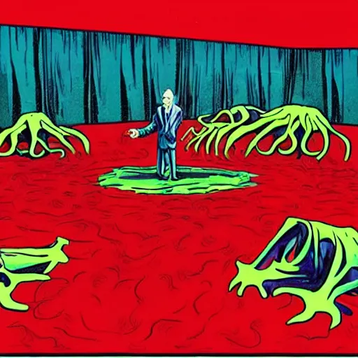 Prompt: Cthulhu lost inside the red room from Twin Peaks while David Lynch laughs in the background, mike judge art style, 90s mtv illustration W- 1920