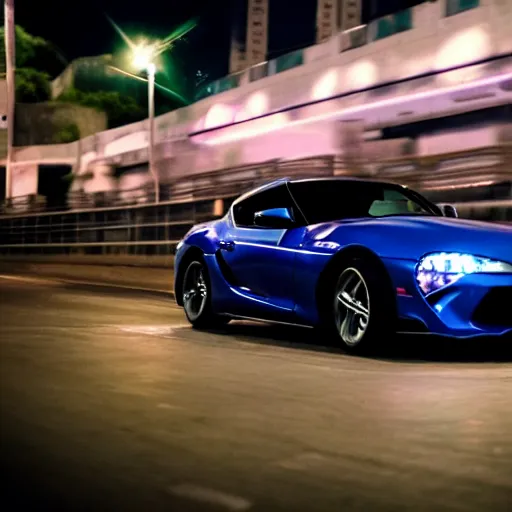 Prompt: still of a toyota supra on the road in Rio De Janeiro, action shot, 85mm, night city, CGSociety , in the spotlight