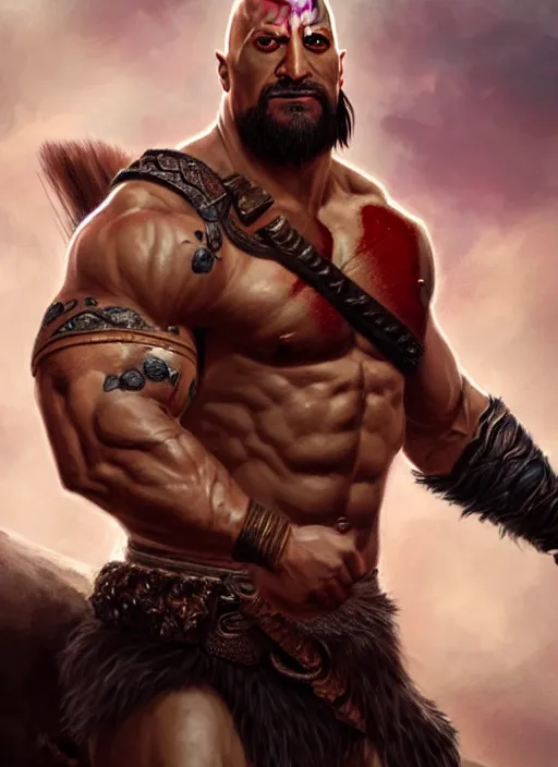 Prompt: portrait ofdwayne johnson as kratos, d & d, muscular! fantasy, intricate, elegant, highly detailed, digital painting, artstation, concept art, smooth, sharp focus, illustration, art by artgerm and greg rutkowski and alphonse mucha