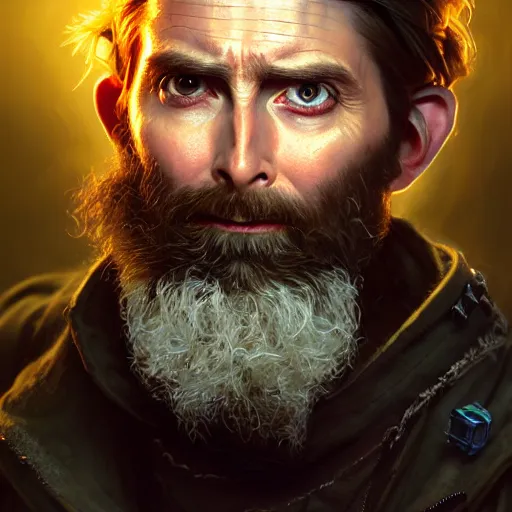 Image similar to portrait painting of a cyberpunk dwarf mechanic bearded david tennant, ultra realistic, concept art, intricate details, eerie, highly detailed, photorealistic, octane render, 8 k, unreal engine. art by artgerm and greg rutkowski and charlie bowater and magali villeneuve and alphonse mucha