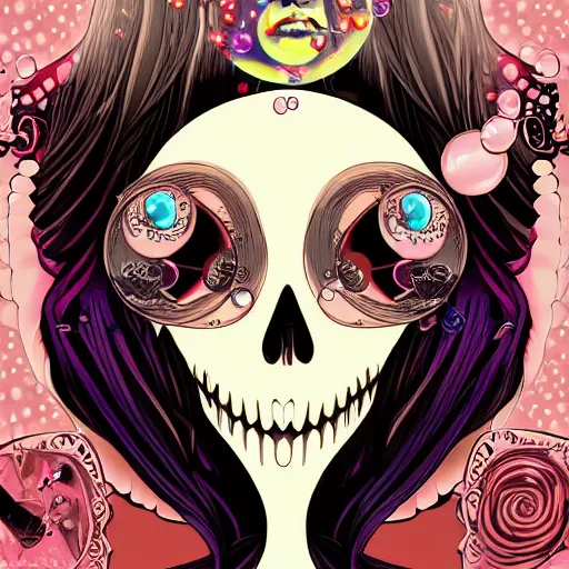 Prompt: portrait of a anime angel happy smiley girl skull face with bubbles in background detailed highres 4k by Trevor Brown pop art nouveau