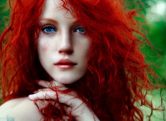 Image similar to award winning 3 5 mm close up face portrait photo of a redhead with blood - red wavy hair and intricate eyes that look like crystals, in a park by luis royo