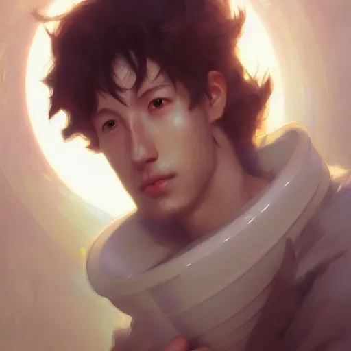 Image similar to A man drinking a cup of cosmic energy bright light, illustration by Ruan Jia and Mandy Jurgens and William-Adolphe Bouguereau, Artgerm, 4k, digital art, surreal, anime style, space dandy style, highly detailed, godsend, artstation, digital painting, concept art, smooth, sharp focus, illustration by Ruan Jia and Mandy Jurgens and William-Adolphe Bouguereau, Artgerm