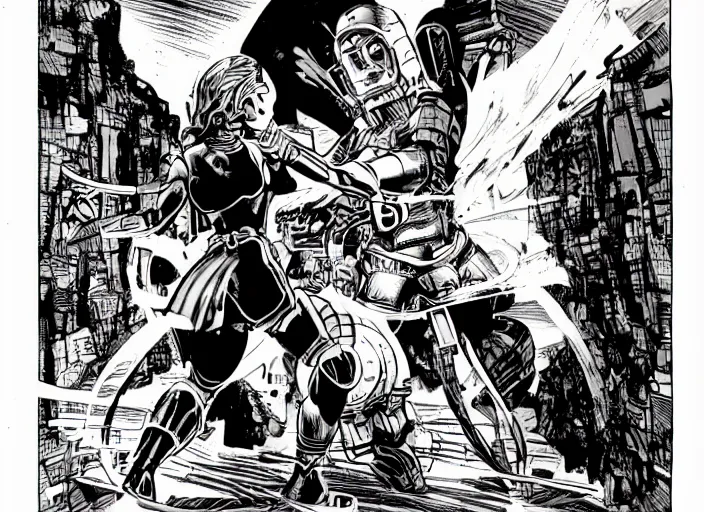 Image similar to dynamic comic panel of a beautiful riot grrl female superhero in short shorts fighting a chrome robot by cory walker and ryan ottley and jack kirby and barry windsor - smith and norman rockwel and frank frazetta, concept art, smooth, sharp focus, comic, illustration, photo real