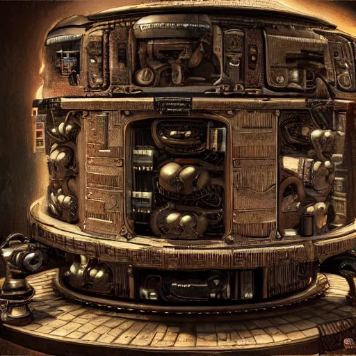 Prompt: Steam computer in ancient time used by ape, highly detailed, highly realistic, artstation, by Hans Giger