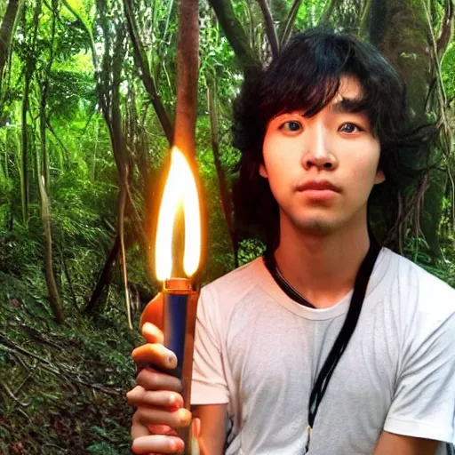 Image similar to korean mowgli, 2 0 years old, with long unkempt and slightly curly hair, holding a torch in one hand and an iphone in the other hand, standing in the jungles of jeju island