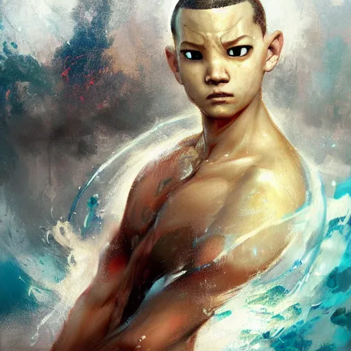 Image similar to avatar aang in water bending, jeremy mann painting