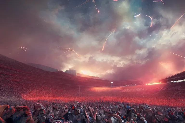 Image similar to meteorites fall from the red sky upon a football stadium, crowds panic, cinematic lighting by Jessica Rossier