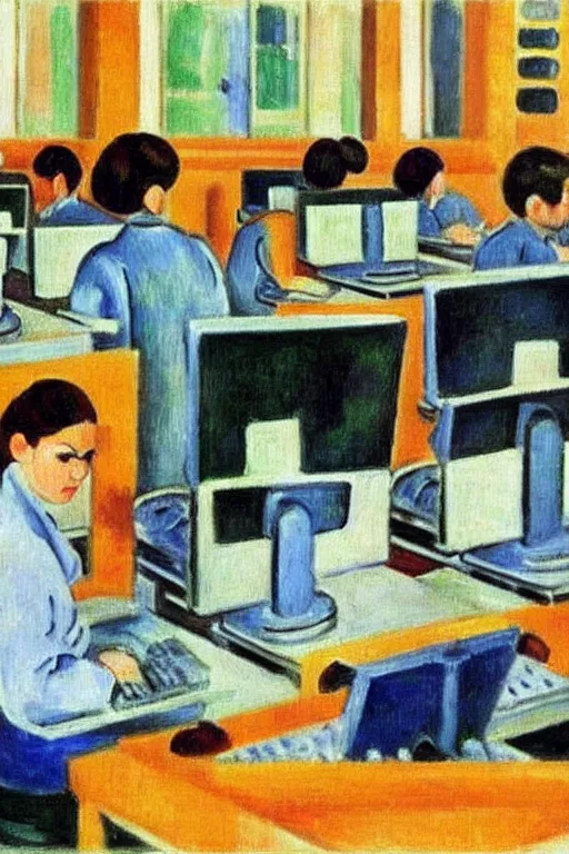 Image similar to oil painting highly detailed computer workers in office painted by henri matisse, impressionism