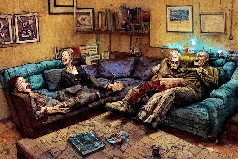 Prompt: old zombie couple on a couch, watching TV, in a small room, small paintings on the wall, light flickering, intricate painting, view from above, wide angle lens, isometric, in the style of mixed media, collage, by Craig Mullins, by Karel Thole, by JC Leyendecker, by Mattias Adolfsson
