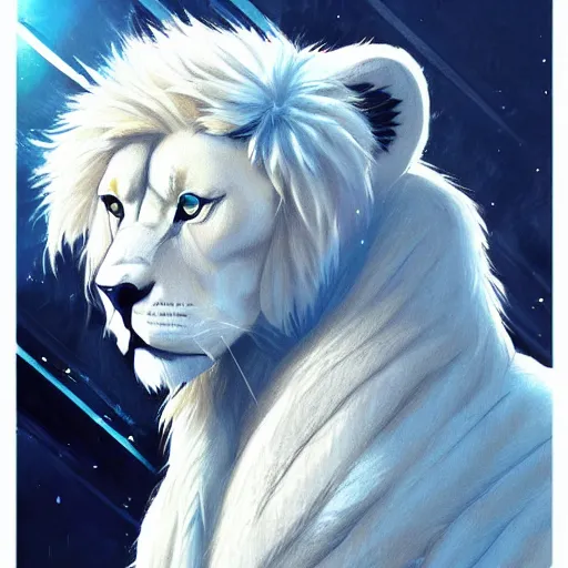 Prompt: aesthetic portrait commission of a albino male furry anthro lion with a tv for head displaying lions face while wearing a vaporwave stylized attractive masculine pastel winter outfit, winter Atmosphere. Character design by charlie bowater, ross tran, artgerm, and makoto shinkai, detailed, inked, western comic book art, 2021 award winning painting