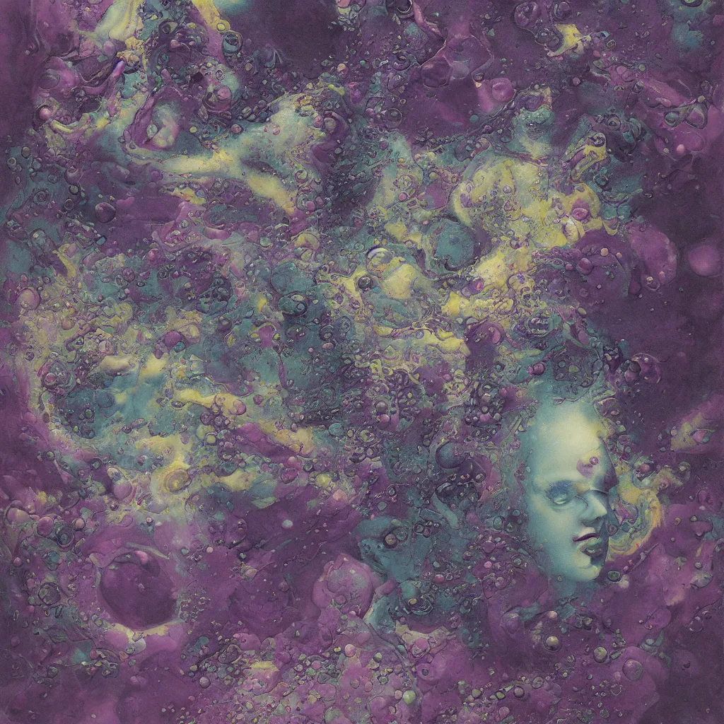 Image similar to beautiful liquid marble texture with big oil bubbles. harmonic chromatic tones coloured abstraction with purple splashes. ultradetailed realistic art. jean - dragan bibin, beksinski, zawadzki, shaun downey, zoey frank, phil hale, james gurney, frank frazetta, jehan georges vibert, daniel e. greene