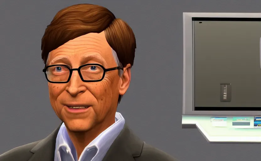 Prompt: bill gates pissing his pants in the sims 2, pc screenshot, top down zoomed in