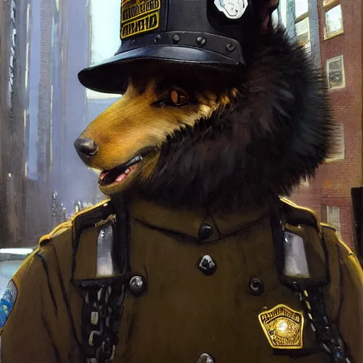 Image similar to new york city portrait of furry anthro anthropomorphic german shepard head animal person fursona wearing clothes nypd traditional police uniform in the alley, sunny day, digital art by Nerdrum John, William Waterhouse, Winslow Homer, Alex Heywood, Jordan Grimmer, Darren Quach, Greg Rutkowski, Simon Stalenhag, trending on Artstation, CGSociety