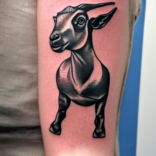 Image similar to a tattoo of a goat. The goat has a stick of dynamite in its mouth