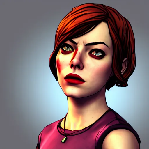 Prompt: emma stone portrait, borderlands, tales from the borderlands, the wolf among us, comic, cinematic lighting, studio quality, 8 k