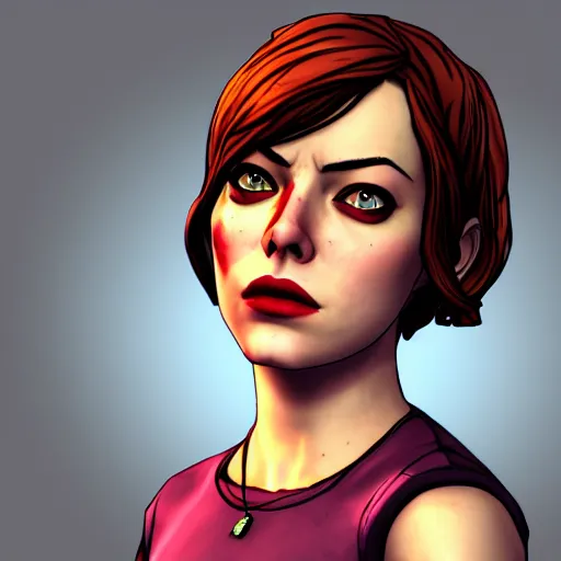 Image similar to emma stone portrait, borderlands, tales from the borderlands, the wolf among us, comic, cinematic lighting, studio quality, 8 k