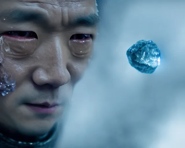 Prompt: justin sun crying as night king in game of thrones, extreme close - up of head encased in clear ice ball, crimson - black bee army behind, 4 k, epic, cinematic, focus, movie still, fantasy, extreme detail, atmospheric, dark colour, sharp focus