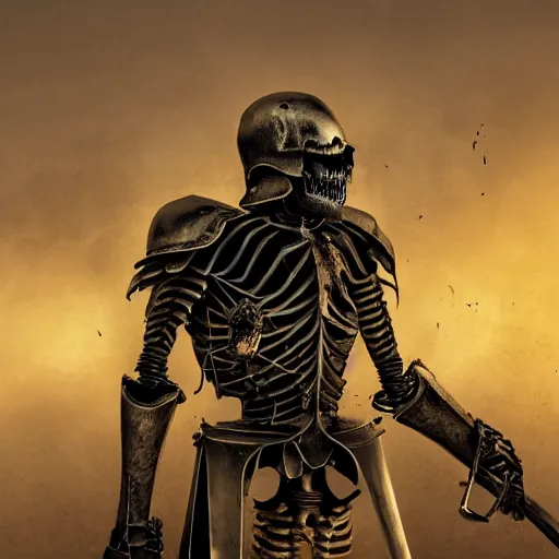 Image similar to in the style of shannon perry, a skeleton knight in black full plate armor standing on the battlefield surrounded by dead bodies, golden hour, shallow depth of field, moody lighting, 8 k, concept art,