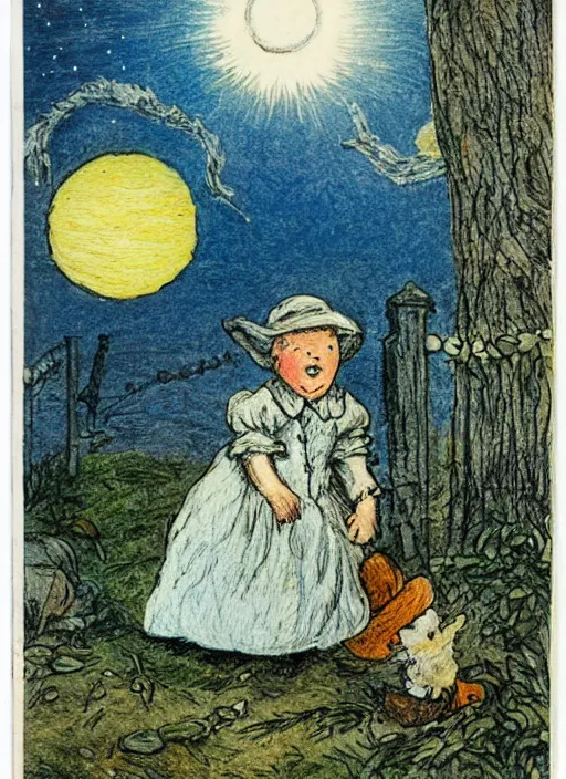 Image similar to sky transitioning from day to night, one half is sunny, other half is starry and dark, illustrated by peggy fortnum and beatrix potter and sir john tenniel