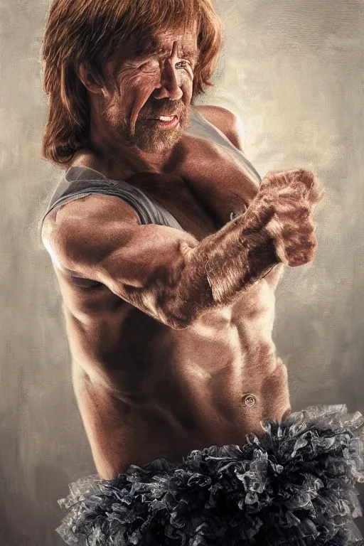 Image similar to Chuck Norris in a Tutu oil on canvas, Tutu intricate, portrait, 8k highly professionally detailed, HDR, CGsociety