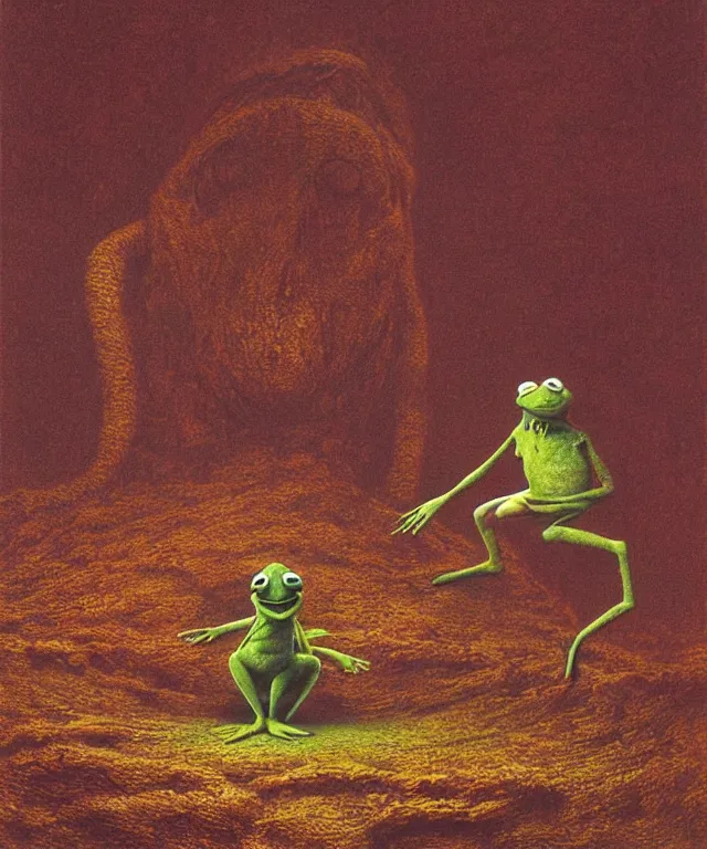 Image similar to bloody Kermit the frog megalophobia by Beksinski, macro