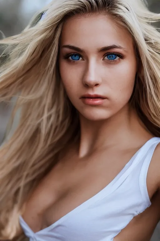 Image similar to 2 4 year old blonde female neck model, wearing white v - neck top, zoomed in, photo realistic, extreme detail skin, no filter, slr, golden hour, 4 k, high definition, photograph, selfie