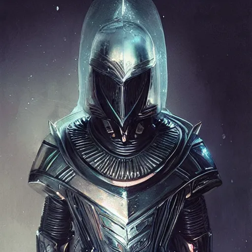 Prompt: matte digital artwork of the galactic assassin, intricate black sharp iridescent hooded armour, iridescent sheen, by greg rutkowski and tim white