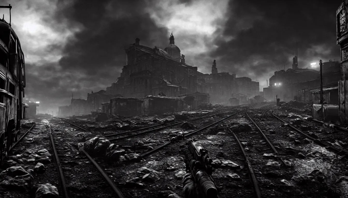 Image similar to metro exodus style, city in the horizon, dark, atmospheric, scary, claustrophobic, ambient vibe, very detailed, black and white, 4 k