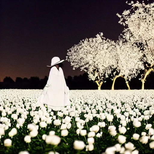 Image similar to a woman dressed in white, standing in an infinite field of white roses, petals in the breeze, fireflies glowing, vivid lighting, professional photography, distance shot, afternoon lighting