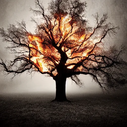 Image similar to hollow oak tree on fire, portrait, intricate, photograph, fog extreme details cinematic masterpiece