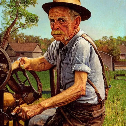 Image similar to high quality high detail painting by norman rockwell, hd, old man on tractor, big eyes, muted pastel colors, photorealistic lighting