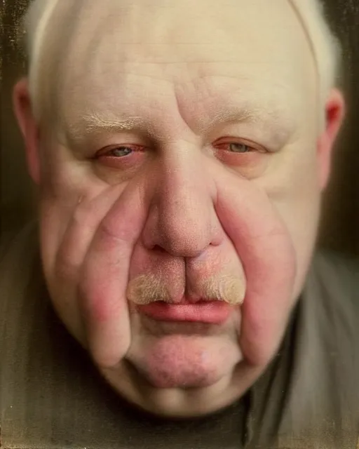 Prompt: an extreme close up portrait a very ordinary overweight old man with an blank expression, by sarah moon, very pale skin, very blurry, translucent white skin, foggy, oil painting, photorealistic, anatomically correct, beautiful perfect face, visible brushstrokes, sharp focus, highly detailed, cinematic lighting, 8 k, hd