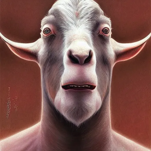 Image similar to vladimir putin, anthropomorphic bald prehistoric goat, putin is hybrid goat, toothless, horror, macabre by donato giancola and greg rutkowski and wayne barlow and zdzisław beksinski, realistic face, digital art