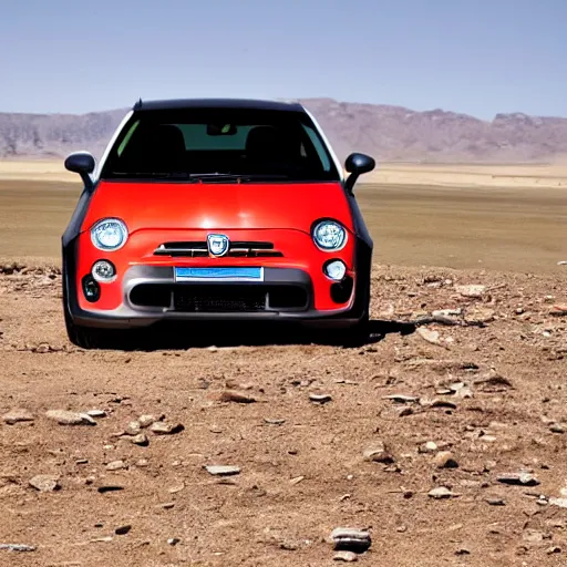 Prompt: a 2 0 1 0 abarth 5 0 0, abandoned in a desert, dusty, damaged, some rust