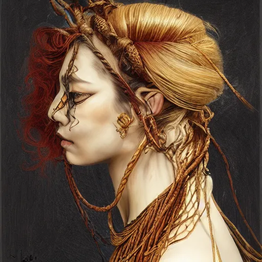 Image similar to portrait of a Shibari rope wrapped face and neck, headshot, insanely nice professional hair style, dramatic hair color, digital painting, of a old 13th century, traveler, amber jewels, baroque, ornate clothing, scifi, realistic, hyperdetailed, chiaroscuro, concept art, art by Franz Hals and Jon Foster and Ayami Kojima and Amano and Karol Bak,