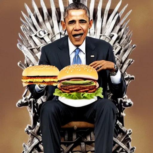 Image similar to barrack obama, sitting on the iron throne, eating a burger, anatomically correct