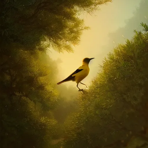 Image similar to spanish golden oriole in avila, hay, pines, oaks, summer, 4 k, concept art, by wlop, ilya kuvshinov, artgerm, krenz cushart, greg rutkowski, pixiv. cinematic dramatic atmosphere, sharp focus, volumetric lighting, cinematic lighting, studio quality