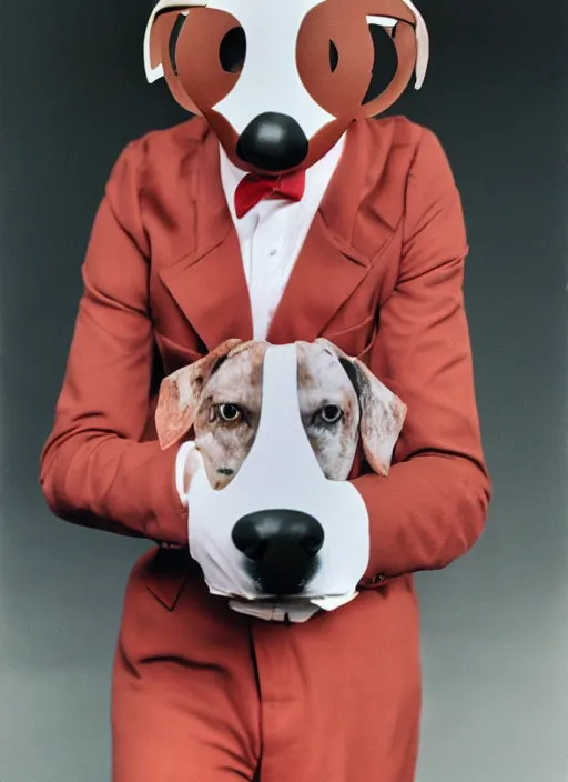 Image similar to a fashion portrait photograph of a dog in a suit wearing mask designed by jean paul gaultier, 3 5 mm, color film camera, pentax