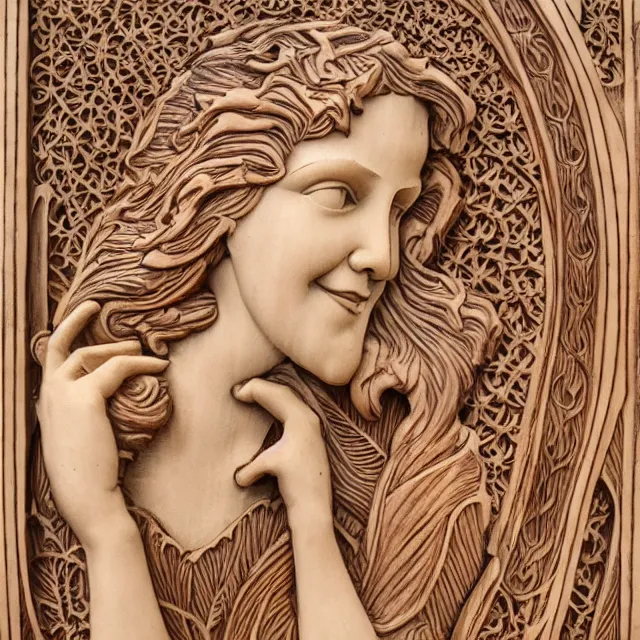 Image similar to a 3 d bas - relief wooden art nouveau carved sculpture of a young molly ringwald with long hair blowing in the wind, in front of a delicate tracery pattern, intricate and highly detailed, well - lit, ornate, realistic