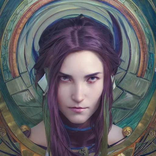 Image similar to Masterpiece head and shoulders portrait of Akali from League of Legends of Arcane animated Series drawn by Donato Giancola and Makoto Shinkai, Edmund Leighton, Alphonse Mucha, background by James Jean and Gustav Klimt, 4k, porcelain skin, volumetric lighting, komorebi, french nouveau, trending on artstation, octane render, hyperrealistic