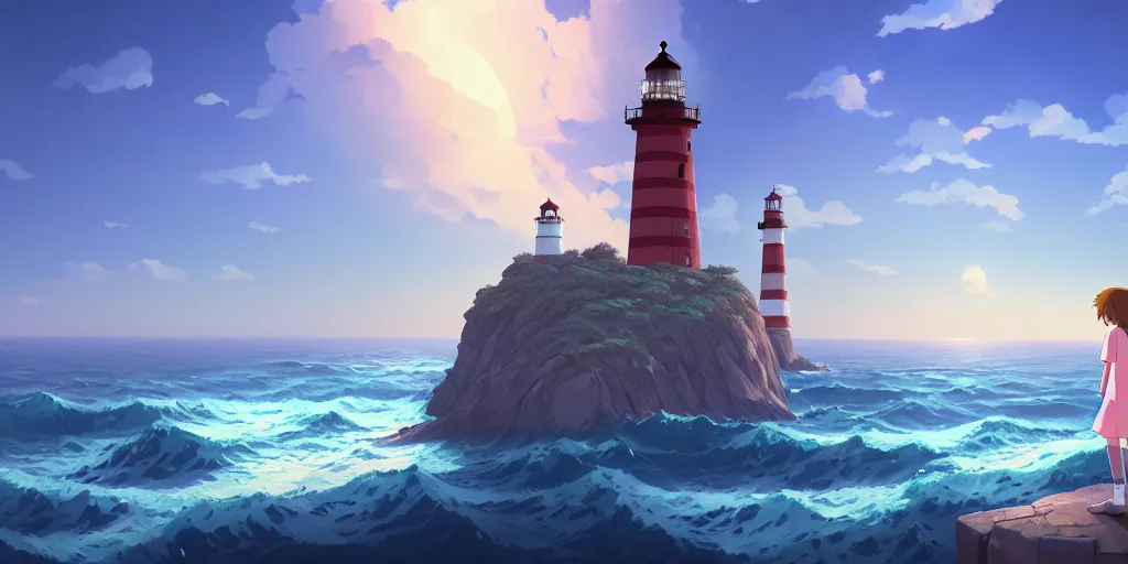 Image similar to the girl and the lighthouse. matte painting, anime, studio ghibli. intricate, elegant, super highly detailed, professional digital painting, artstation, concept art, smooth, Unreal Engine 5, Photorealism, HD quality, 8k resolution, cinema 4d, 3D, beautiful, cinematic