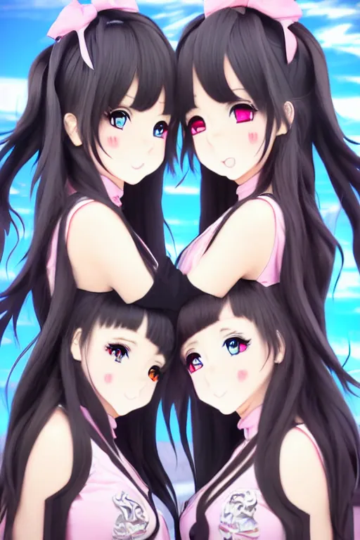 Prompt: two beautiful female idols with short twintails facing each other, detailed anime art
