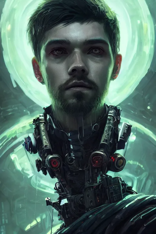 Image similar to A fancy portrait of jacksepticeye as a cyborg by Greg Rutkowski, Sung Choi, Mitchell Mohrhauser, Maciej Kuciara, Johnson Ting, Maxim Verehin, Peter Konig, Bloodborne, 8k photorealistic, cinematic lighting, HD, high details, dramatic, dark atmosphere, trending on artstation