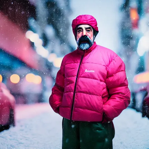 Prompt: Professional portrait of Saddam Hussein wearing a puffy pink jacket and a bucket hat in a snowy city street at night, 8k, dslr, cinematic,