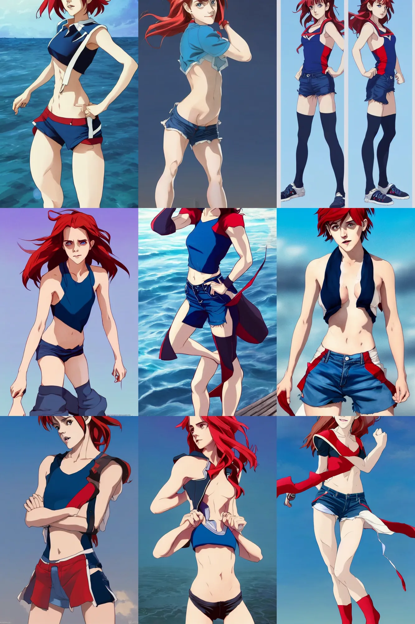 Prompt: a gorgeous hulking Emma Watson as Matoi Ryuko with very short shoulders-length blue-red hair, wearing a cut-off dark blue top and dark blue cut-off shorts standing by the water, in the style of artgerm and moebius and annie liebovitz, marvel comics, hyper photorealistic body proportions, highly detailed, trending on artstation